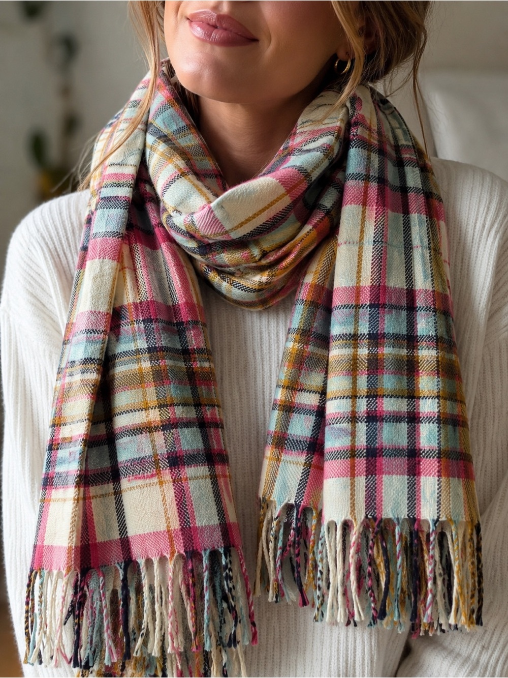 Joules Plaid Fringe Scarf in Cream, Pink, Green and Blue